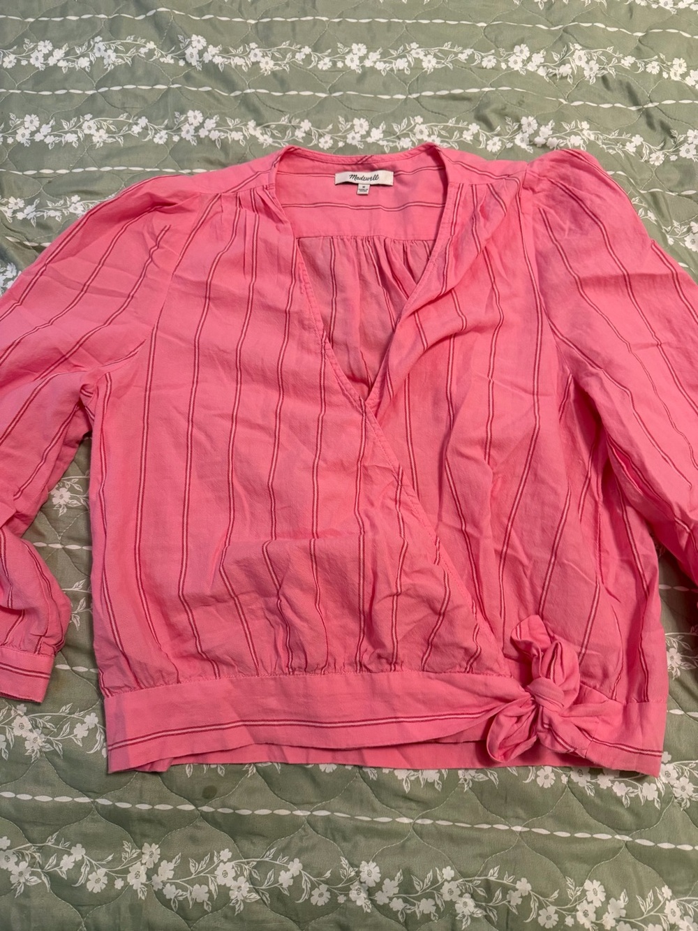 Madewell Coral Pink Tie-Waist Striped Wrap Blouse